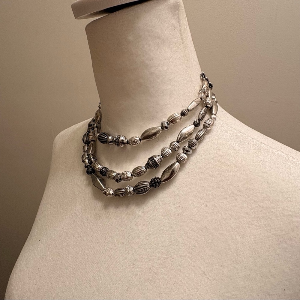 Vintage Silver-Tone Multi-Strand Beaded Necklace, Boho Choker Layered Necklace
